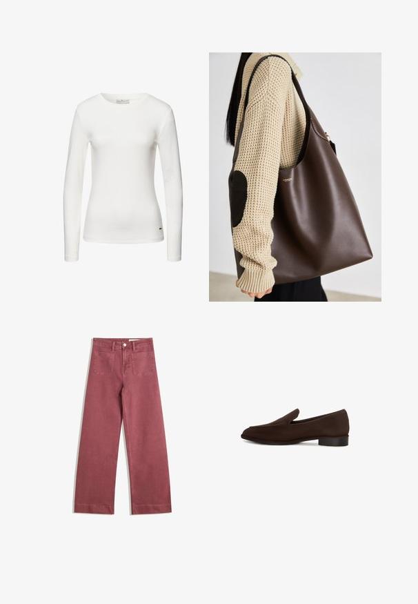 Brown leather jacket with a high collar, side pockets, and elasticized hem. Smooth texture with a slightly shiny finish.; Long-sleeve white T-shirt made of soft cotton. Features a round neckline and a small accent logo near the hem. Smooth texture, fitted design.; Wide-leg trousers in a muted rose color. Made from sturdy fabric, featuring two back pockets, button closure, and belt loops.; Brown slip-on shoe with a smooth texture, elongated shape, low block heel, and minimalistic design. No visible patterns or embellishments.; Brown leather tote bag with a spacious design. Features a smooth texture and a subtle gold logo. Paired with a cream knit sweater.