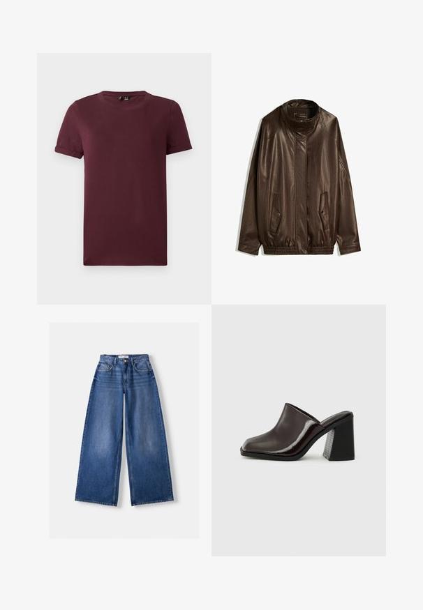 Brown leather jacket with a high collar, side pockets, and elasticized hem. Smooth texture with a slightly shiny finish.; Burgundy T-shirt made of soft cotton, features a round neck, short sleeves, and a relaxed fit with a smooth texture and no visible patterns.; Bershka WIDE-LEG - Wide Leg - dark blue; Dark burgundy leather mules with a square toe, glossy finish, and a chunky, textured black high heel. Simple design, slip-on style.