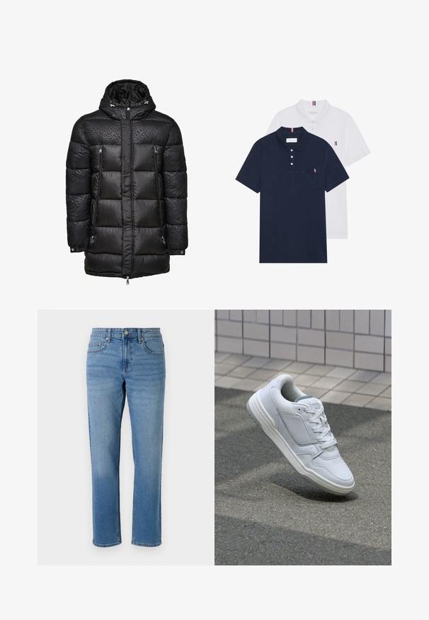 Musta puffatakki hupulla, jossa on tikattu pinta, kaksi vetoketjullista etutaskua ja hillitty logo tummassa painokuvioinnissa.; Kaksi polo-paitaa: yksi tummansininen ja yksi valkoinen, molemmissa pieni punainen, valkoinen ja sininen yksityiskohta rintataskussa ja kauluksessa.; Vaaleansiniset farkut suoranlahkeisella leikkauksella, viidellä taskulla, nappikiinnityksellä ja kontrastivärillä ommelluilla saumoilla.; Valkoinen nahkakengät, joissa on rei'itetyt sivut, teksturoituja yksityiskohtia, tasaiset nauhat ja erottuva harmaa kanta. Varrella on hieman kohotettu pohja.