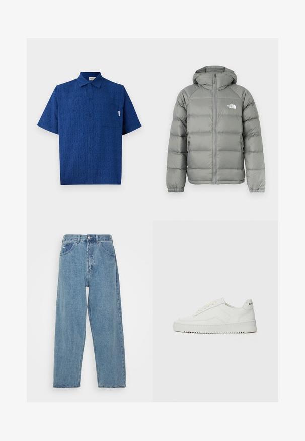 Casaco puffer cinza com capuz, apresentando fecho de correr e punhos canelados. O material tem uma textura suave com um brilho subtil. Logo no peito.; Camisa azul de manga curta feita de tecido texturizado, apresentando um padrão subtil, com fecho de botões à frente e um único bolso no peito.; Camiseta branca de mangas curtas em tecido de algodão com decote redondo. Design simples, sem padrões ou detalhes. Textura suave.; Jeans de denim azul claro com cintura alta e corte relaxado, apresentando dois bolsos frontais, um bolso traseiro com etiqueta e fecho de botão.; Sapatilha de couro branco com acabamento suave, bico redondo, atacadores planos e uma sola texturizada. Apresenta um logotipo discreto no calcanhar.