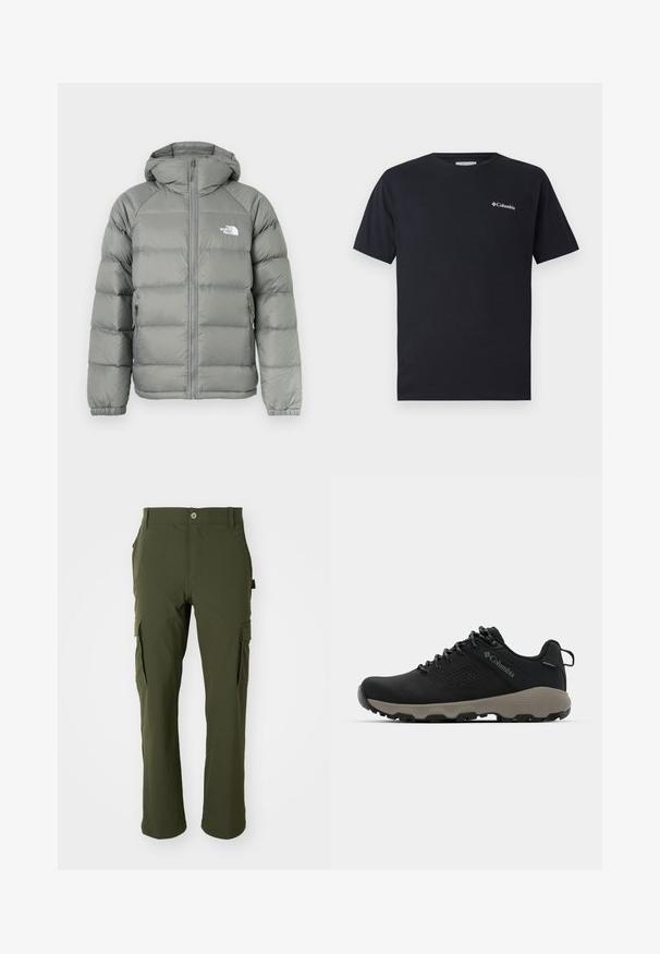 Casaco puffer cinza com capuz, apresentando fecho de correr e punhos canelados. O material tem uma textura suave com um brilho subtil. Logo no peito.; Camiseta preta de manga curta feita de algodão, com um pequeno logotipo branco da Columbia na área do bolso esquerdo do peito. Decote redondo clássico e corte solto.; Calças de carga verde-oliva feitas de tecido leve. Apresentam pernas retas, múltiplos bolsos laterais e um fecho de botão na cintura.; Sapatilha de caminhada preta com parte superior lisa, design perfurado, sola cinza e calcanhar reforçado. Apresenta atacadores e uma alça para facilitar o calçar.