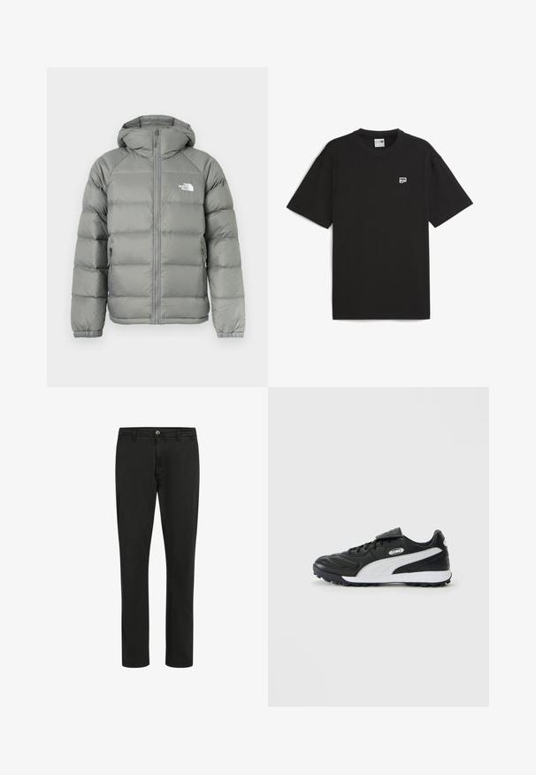 Šedá páperová bunda s kapucňou, so zapínaním na zips a rebrovanými manžetami. Materiál má hladkú štruktúru s jemným leskom. Na hrudi je značka.; Čierne tričko s krátkym rukávom vyrobené z bavlny, s okrúhlym výstrihom a malým bielym logom na hrudi. Jednoduchý, voľný strih.; Čierne bavlnené nohavice s rovný strihom, predným zapínaním na gombík a dvoma bočnými vreckami; hladká textúra s minimalistickým dizajnom.; Čierne nízke futbalové topánky s bielym bočným pruhom, textúrovanou podrážkou, šnurovaním vpredu a suchým zipsom cez šnúrky na jednoduchom pozadí.