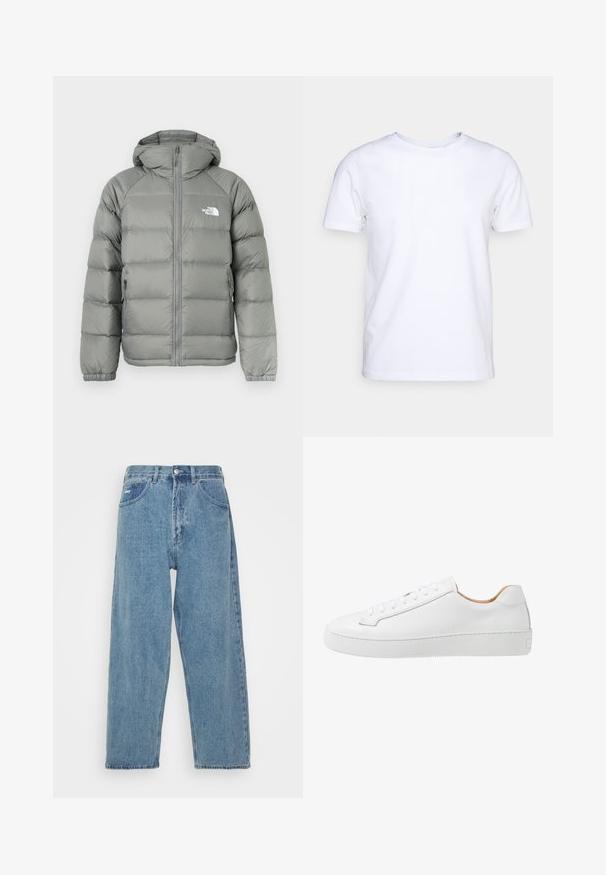 Jachetă umplută gri cu glugă, cu un sistem de închidere cu fermoar și manșete ribbate. Materialul are o textură netedă cu un luciu subtil. Logo pe piept.; Tricou alb cu mânecă scurtă din material de bumbac, cu guler rotund. Design simplu, fără tipare sau accente. Textură netedă.; Jeans din denim de un albastru deschis, cu talie înaltă și o croială relaxată, având două buzunare frontale, un buzunar pe spate și închidere cu nasture.; Sneaker alb din piele cu o finisare netedă, vârf rotund, design plat cu șireturi și o talpă groasă din cauciuc cu un model de prindere texturat.