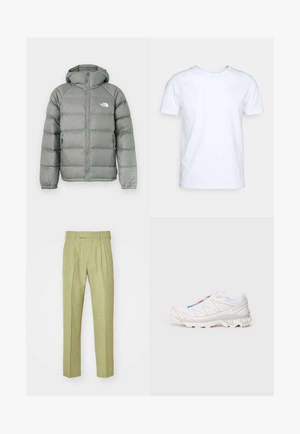 Casaco puffer cinza com capuz, apresentando fecho de correr e punhos canelados. O material tem uma textura suave com um brilho subtil. Logo no peito.; Camiseta branca de mangas curtas em tecido de algodão com decote redondo. Design simples, sem padrões ou detalhes. Textura suave.; Calças em verde claro, feitas de um tecido macio, com cintura alta, pregas duplas e pernas retas com um acabamento ajustado.; Sapatilha atlética branca com parte superior em malha texturada, detalhes refletivos e sola acolchoada. Logótipo da marca destacado na lateral.