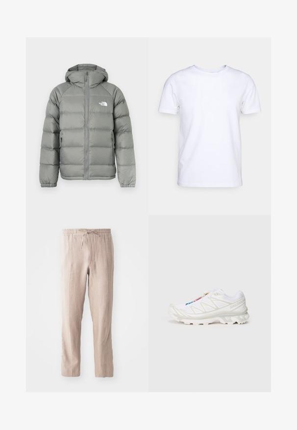 Pilkas pūkinis jakas su kapišonu, turintis užtrauktuką ir lankus rankogaliuose. Medžiaga turi lygų tekstūrą su švelniu blizgesiu. Logotipas ant krūtinės.; Balta trumpomis rankovėmis marškinėliai, pagaminti iš medvilnės audinio, su apvaliu kaklu. Paprastas dizainas be raštų ar akcentų. Lygi tekstūra.; Bežinės lino kelnės su elastinga juosta ir raišteliu. Tiesaus kirpimo dizainas su švelnia tekstūra ir minimalizmo stiliumi.; Baltas sportinis batelis su tekstūruotu tinkliniu viršumi, atspindinčiais akcentais ir paminkštintu padu. Išskirtinis prekės ženklo logotipas šone.