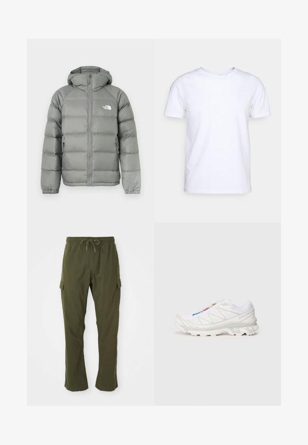 Gray puffer jacket with a hood, featuring a zip closure and ribbed cuffs. The material has a smooth texture with a subtle sheen. Logo on chest.; White short-sleeve t-shirt in cotton fabric with a round neckline. Simple design with no patterns or accents. Smooth texture.; Olive green cargo pants with an elastic waistband, drawstring, and side pockets. The fabric appears soft with a smooth texture.; White athletic shoe with textured mesh upper, reflective accents, and a cushioned sole. Notable brand logo on the side.