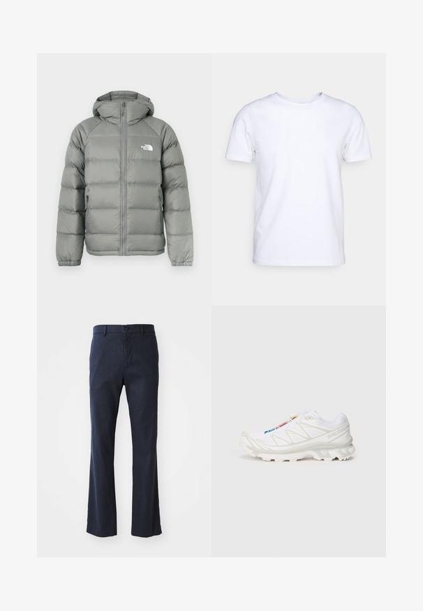 Casaco puffer cinza com capuz, apresentando fecho de correr e punhos canelados. O material tem uma textura suave com um brilho subtil. Logo no peito.; Camiseta branca de mangas curtas em tecido de algodão com decote redondo. Design simples, sem padrões ou detalhes. Textura suave.; Calças azuis-marinho em corte flare, feitas de tecido leve, apresentando um fecho de botão único e bolsos frontais, com uma textura suave.; Sapatilha atlética branca com parte superior em malha texturada, detalhes refletivos e sola acolchoada. Logótipo da marca destacado na lateral.