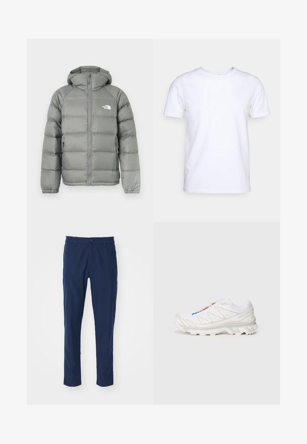 Szara kurtka puchowa z kapturem, z zamkiem błyskawicznym i ściągaczami przy rękawach. Materiał ma gładką teksturę z delikatnym połyskiem. Logo na klatce piersiowej.; Biała koszulka z krótkim rękawem wykonana z bawełnianego materiału, z okrągłym dekoltem. Prosty fason bez wzorów lub akcentów. Gładka tekstura.; Granatowe spodnie o gładkiej fakturze, slim fit, z przednimi kieszeniami i pojedynczym zapięciem na guzik w pasie. Brak widocznych wzorów.; Białe buty sportowe z teksturowaną siateczką, odblaskowymi akcentami i wyprofilowaną podeszwą. Zauważalne logo marki z boku.
