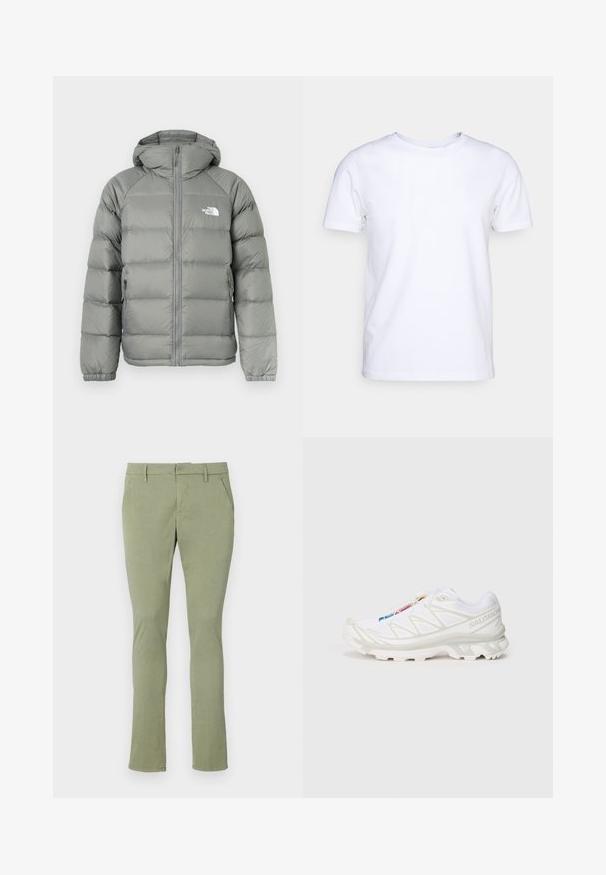 Veste matelassée grise avec capuche, dotée d'une fermeture zippée et de poignets côtelés. Le matériau a une texture lisse avec un léger éclat. Logo sur la poitrine.; T-shirt blanc à manches courtes en tissu de coton avec un col rond. Design simple sans motifs ni accents. Texture lisse.; Chinos vert clair à coupe ajustée, en tissu doux. Dotés d'un devant plat, de deux poches latérales et d'une taille classique sans embellissements.; Basket de sport blanche avec tige en mesh texturé, accents réfléchissants et semelle rembourrée. Logo de marque notable sur le côté.