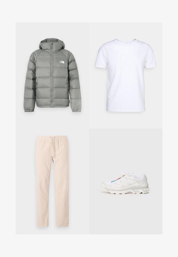 Gray puffer jacket with a hood, featuring a zip closure and ribbed cuffs. The material has a smooth texture with a subtle sheen. Logo on chest.; White short-sleeve t-shirt in cotton fabric with a round neckline. Simple design with no patterns or accents. Smooth texture.; Light beige trousers made from soft fabric, featuring an elastic waistband with a drawstring and straight legs. Smooth texture, no patterns.; White athletic shoe with textured mesh upper, reflective accents, and a cushioned sole. Notable brand logo on the side.