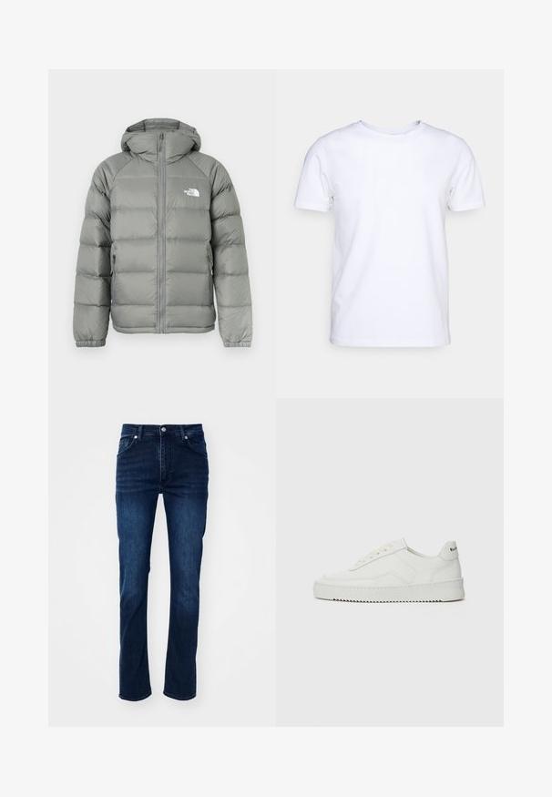 Gray puffer jacket with a hood, featuring a zip closure and ribbed cuffs. The material has a smooth texture with a subtle sheen. Logo on chest.; White short-sleeve t-shirt in cotton fabric with a round neckline. Simple design with no patterns or accents. Smooth texture.; Dark blue denim jeans with a straight-leg fit, featuring a classic five-pocket design and subtle stitching details.; White leather sneaker with a smooth finish, round toe, flat laces, and a textured sole. Features a subtle logo on the heel.