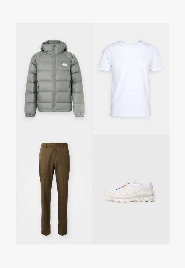 Pilkas pūkinis jakas su kapišonu, turintis užtrauktuką ir lankus rankogaliuose. Medžiaga turi lygų tekstūrą su švelniu blizgesiu. Logotipas ant krūtinės.; Balta trumpomis rankovėmis marškinėliai, pagaminti iš medvilnės audinio, su apvaliu kaklu. Paprastas dizainas be raštų ar akcentų. Lygi tekstūra.; Rudos pritaikytų kelnių tiesaus kirtimo dizainas, pagamintas iš lygaus audinio, su šoninėmis kišenėmis ir raukšle priekyje.; Baltas sportinis batelis su tekstūruotu tinkliniu viršumi, atspindinčiais akcentais ir paminkštintu padu. Išskirtinis prekės ženklo logotipas šone.