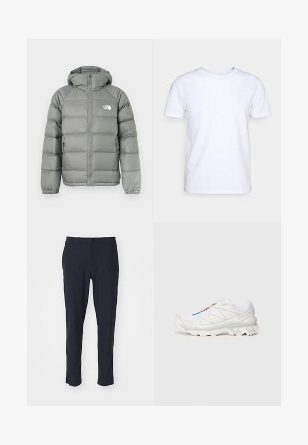 Szürke puffdzseki kapucnival, cipzárral és bordázott mandzsettákkal. Az anyag sima textúrájú, enyhe fénylással. Logó a mellrészén.; Fehér, rövid ujjú felső pamut anyagból, kerek nyakkivágással. Egyszerű dizájn, minta vagy díszítés nélkül. Sima textúra.; Sötétkék, szabott nadrág sima anyagból; gombos záródással, öv nélküli pántokkal és oldalzsebekkel rendelkezik; slim fit fazon.; Fehér sportcipő texturált hálós felsőrésszel, fényvisszaverő részletekkel és párnázott talppal. Figyelemre méltó márkalogó az oldalon.