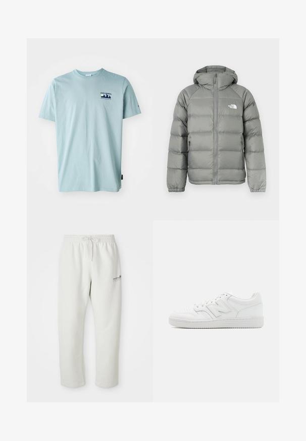 Halli pufjakker koos kapuutsiga, millel on lukuga sulgemine ja ribiga mansetid. Materjalil on sile tekstuur koos peene läikega. Logo rinnal.; Columbia EXPLORERS CANYON BACK TEE - Trükipildiga T-särk - crushed blue; Heledad hallid dressipüksid pehmest kangast, millel on elastne vöökoht ja nöör, ning väike logo detail vasakul reitel.; Valged spordijalatsid, mis on valmistatud siledast nahast, sisaldavad aukudega varbaosa, tekstureeritud kummist tallat, lamedaid paelu ja silmapaistvat 'N' logo küljel.