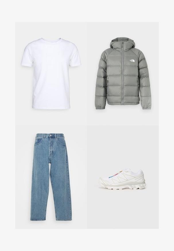 Grå puffjacka med huva, med dragkedja och ribbade ärmslut. Materialet har en jämn textur med en subtil glans. Logotyp på bröstet.; Vit kortärmad t-shirt i bomullstyg med rund halsringning. Enkelt design utan mönster eller detaljer. Slät textur.; Ljust blå denimjeans med hög midja och avspänd passform, med två framfickor, en bakficka och knappstängning.; Vit träningssko med texturerad mesh-övre, reflexdetaljer och en dämpad sula. Framträdande varumärkeslogotyp på sidan.