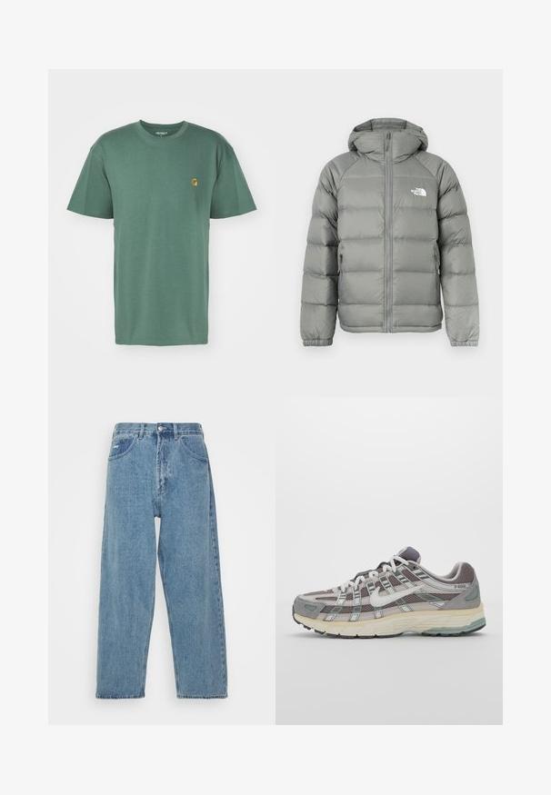 Harmaa puffatakki, jossa on huppu, vetoketjukiinnitys ja ribbineulehihansuut. Materiaalilla on sileä pinta ja hienovarainen kiilto. Logo rinnassa.; Carhartt WIP CHASE - T-paita - duck green/gold; Vaaleansininen farkkutakki, jossa on korkea vyötärö ja renforceettu istuvuus, kahdella etutaskulla, takataskulla ja nappisululla.; Harmaa urheilukenkä, jossa on verkko- ja mokkanahkainen yläosa, valkoiset yksityiskohdat, pehmustettu pohja ja erottuva muotoilu heijastavilla elementeillä.