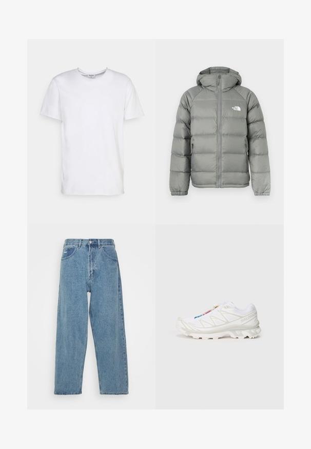Šedá páperová bunda s kapucňou, so zapínaním na zips a rebrovanými manžetami. Materiál má hladkú štruktúru s jemným leskom. Na hrudi je značka.; Biely krátky rukáv tričko vyrobené z bavlny. Má okrúhly výstrih a voľný strih bez viditeľných vzorov alebo akcentov.; Svetlo modré džínsy s vysokým pásom a voľným strihom, s dvoma prednými vreckami, zadným nášivkovým vreckom a zapínaním na gombík.; Biele športové topánky s textúrovaným sieťovinovým zvrškom, reflexnými akcentmi a odpruženou podrážkou. Výrazné logo značky na boku.
