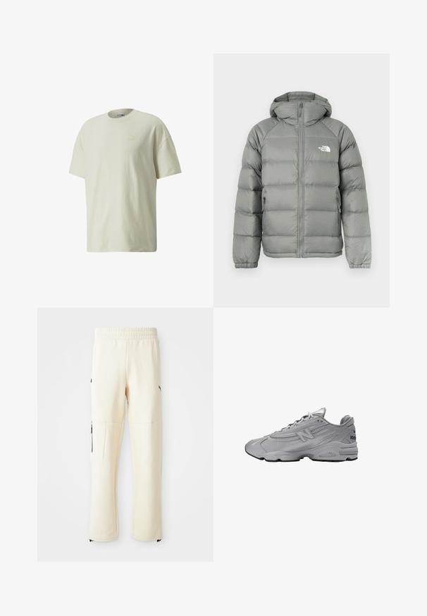 Giacca a vento grigia con cappuccio, caratterizzata da chiusura con zip e polsini a costine. Il materiale ha una texture liscia con una leggera lucentezza. Logo sul petto.; T-shirt di cotone color crema con scollatura rotonda classica, maniche corte e un sottile logo Puma in una tonalità più chiara sul petto.; Pantaloni della tuta beige chiaro realizzati in tessuto morbido. Presentano un logo nero, tasche laterali con cerniere e una vestibilità ampia.; Scarpa sportiva grigia con un design elegante, tomaia in mesh e sintetico, suola ammortizzata, accenti testurizzati e un logo di lato.