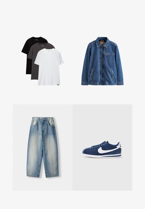 Blå denimjakke med lynlås foran, krave og to sidelommer. Har en brystlomme og kontraststing, struktureret stof.; Tre regular-fit t-shirts stablet. Farver: sort, mørkegrå og hvid. Fremstillet af bomuldsmateriale med korte ærmer og rund hals. Minimal branding.; Lyseblå denimjeans med en afslappet pasform, der har et lige ben-design, forlommer og en knaplukning i taljen.; Blå atletiske sko med en blanding af glat og ruskindsmaterialer, der har et stort hvidt swoosh, rund tå og struktureret ydersål.