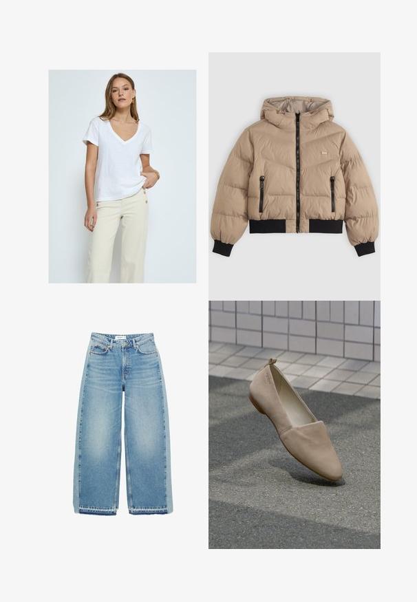 Giacca imbottita beige con cappuccio, dotata di una zip frontale, due tasche laterali con zip e polsini e orlo a coste neri. Motivo a rombi trapuntato.; Desires DEDANNON TEE - T-shirt basic - white; Jeans azzurri a gamba larga realizzati in denim, con vita alta, chiusura con bottone, tasche anteriori e orlo grezzo.; Scarpa piatta beige realizzata in materiale morbido, con punta affusolata e design minimalista. Include un piccolo tacco e un occhiello sul retro.