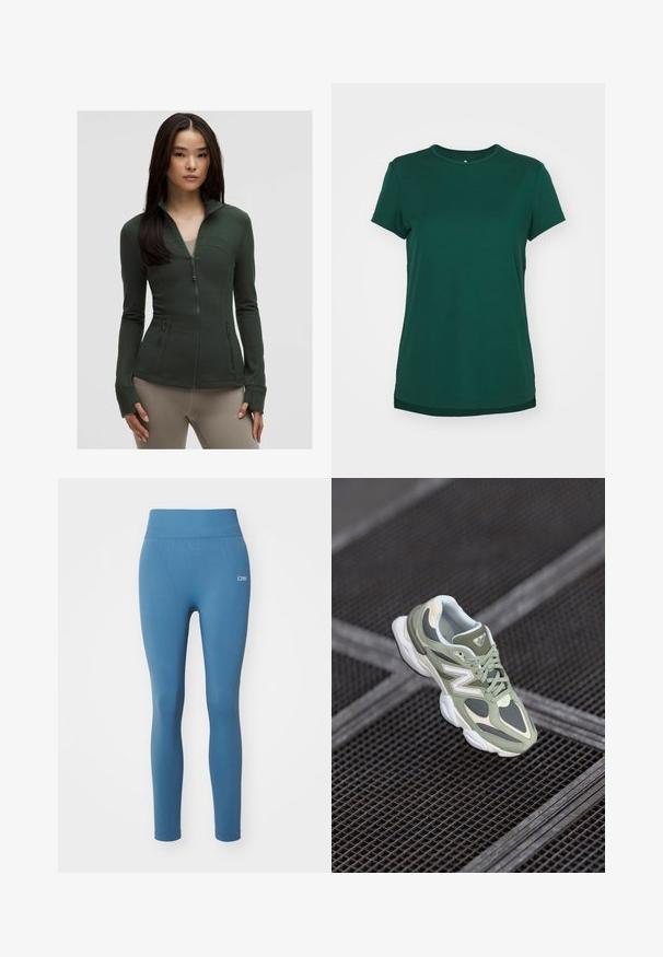 Zipzáras olíva zöld sportdzseki hosszú ujjal, ívelt varrásokkal és hüvelykujjtartókkal. Két oldalsó zsebet és testhezálló fazont tartalmaz.; Zöld, rövid ujjú póló kerek nyakkivágással. Puha anyagból készült, sima textúrával. Oldalt díszített szegéllyel rendelkezik.; Kék leggings sima textúrával, magas derékkal és finom logóval a csípőn. Karcsú fazonú, teljes hosszúságú, aktív viselethez alkalmas.; Zöld és bézs futócipő, hálós és szintetikus anyagokkal, lekerekített formával, texturált díszítésekkel és egy kiemelkedő logóval az oldalán.