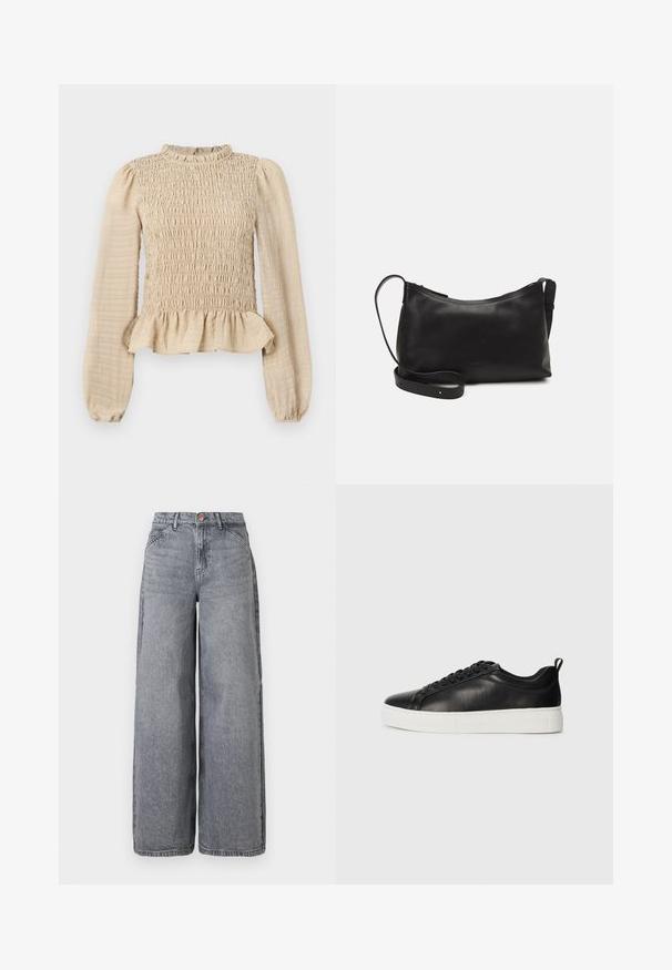 Melns mētelis, kas izgatavots no teksturēta auduma, ar iegrieztiem klātnēm, ar viengabalainu dizainu, trīs pogām un sānu kabatām.; Krēms krāsas garām piedurknēm tops ar smockotu krūšu daļu, ruffles apakšmalu un peplum apakšmalu. Izgatavots no strukturētas auduma ar mīkstu apdari.; Platas kājas džinsi izbalinātā pelēkā tonī, ar piecām kabatām, pogu aizdari un mīkstu tekstūru ar smalkiem noberzumiem.; Melnas zemas ādas tenisa kedas ar melnām auklām un baltu biezas gumijas zoli, skatīšanās no ārējās puses uz balta fona.; Melna ādas plecu soma ar gludu tekstūru, izliekta forma, regulējama siksna un rāvējslēdzēja aizdare. Minimālistisks dizains bez rotājumiem.