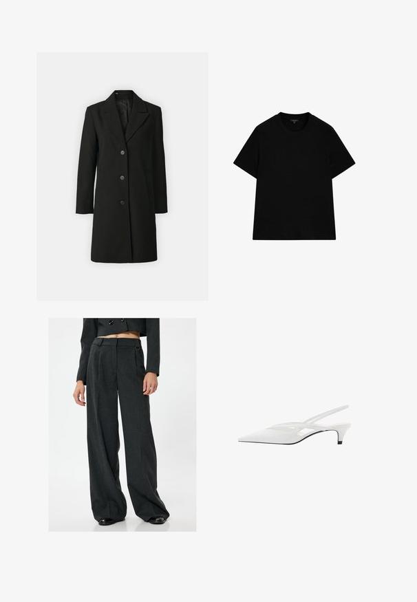 Zwarte jas van een gestructureerde stof met een notch-revers, enkelgeknoopt ontwerp, drie knoppen en zijzakken.; Zwarte, kortsliphals t-shirt van katoen. Heeft een ronde halslijn, een comfortabele pasvorm en geen patronen of versieringen.; Grijze wijde pantalon van een textiel met structuur, met een hoge taille, zijzakken en ceintuurlussen. Glad afwerking en subtiele plooien.; Witte slingback hak met spitse neus, voorzien van een gladde bovenkant, subtiele uitsparingen en een lage blokhak. Zwarte zool accentueert het ontwerp.