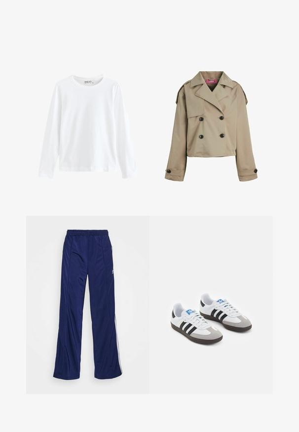 Lühendatud beež trench coat topeltrinnaga disainiga, suurte kraede, mustade nuppude ja õlavarre epaulettidega. Pehme, sile tekstuur.; Pikad varrukad valgest T-särgist, mis on valmistatud puuvillast, ümmarguse kaelusega ja lihtsa disainiga, ühtlase tekstuuriga ning ilma nähtavate mustrite või aktsentideta.; Tumedad spordipüksid elastse vöökohtiga, sirgete jalgade ja külgzippidega. Külgedel on valged äärised. Sile kangastekstuuri.; Spordijalatsid valge nahkpealsega, halli nubuk-naha otsaga ja kolme musta triibuga. Omab sinist logo keele peal ja struktureeritud kummitalda.