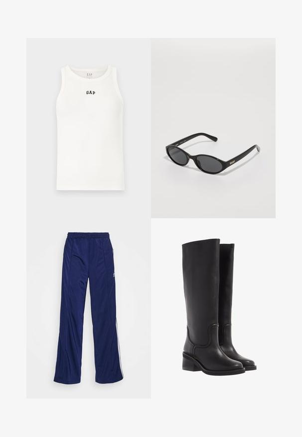 Cropped beige trench coat with a double-breasted design, large lapels, black buttons, and shoulder epaulettes. Soft, smooth texture.; White ribbed tank top with a rounded neckline, featuring a small black "GAP" logo on the front. Soft fabric, sleeveless design, and standard fit.; Navy athletic pants with an elastic waistband, straight legs, and side zippers. Features white piping along the sides. Smooth fabric texture.; Black leather knee-high boots with a smooth texture, rounded toe, and a chunky heel. Features subtle stitching and a streamlined design.; Black sunglasses with rounded lenses, glossy plastic frame, and "QUAY" logo in gold on the side. Features dark tinted lenses.