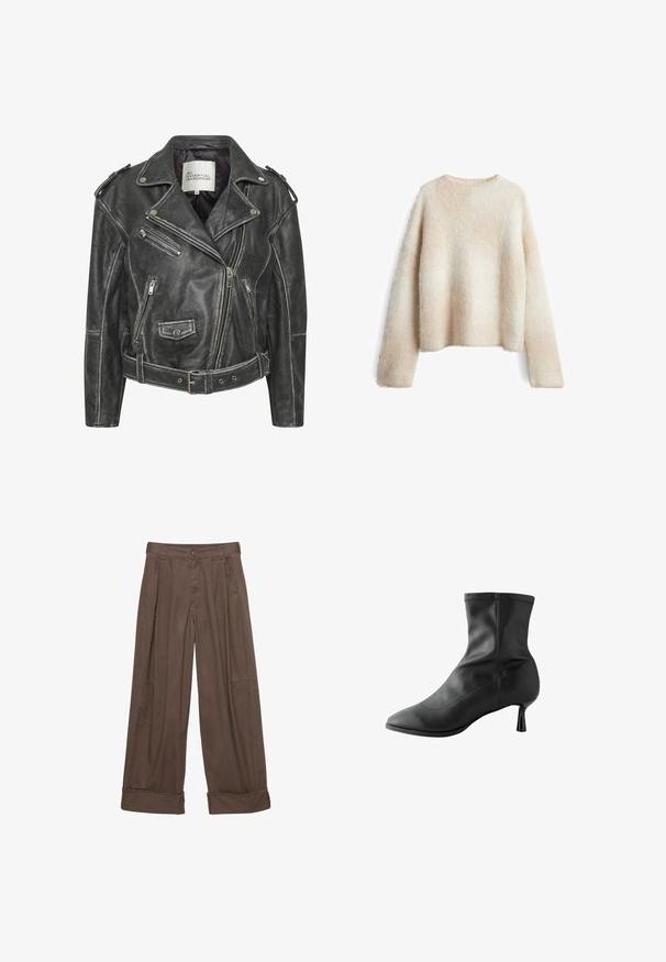 Veste de moto en cuir noir avec plusieurs zips, taille ceinturée, épaulettes et doublure en satin.; Pull en peluche beige clair avec un col rond, des manches longues et une coupe décontractée. Texture douce avec un motif dégradé.; Pantalons larges marron en coton, avec fermeture à bouton, devant plissé et ourlets retournés pour un ajustement décontracté.; Bottine noire en cuir lisse, avec un bout pointu et un talon cylindrique étroit. Coutures décoratives le long du bord supérieur.