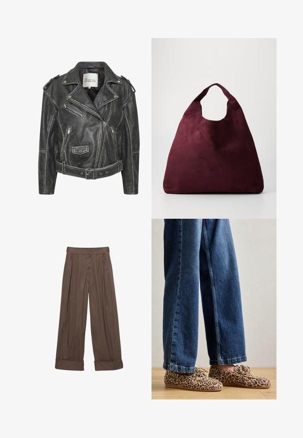 Schwarze Leder-Motorradjacke mit mehreren Reißverschlüssen, einem taillierten Gürtel, Schulterepauletten und einem satinierten Innenfutter.; Hellbeiges, flauschiges Sweatshirt mit Rundhalsausschnitt, langen Ärmeln und lockerer Passform. Weiche Textur mit einem Verlaufsmuster.; Braune weite Hosen aus Baumwolle mit Knopfverschluss, gefältelter Vorderseite und umgeschlagenen Säumen für einen entspannten Sitz.; Leopardenmuster-Loafers aus Wildleder, mit abgerundetem Zehenbereich, Schnürdesign und flachen, flexiblen Sohlen, kombiniert mit blauen Jeans.; Große, tief burgunderrote Wildleder-Handtasche mit einem breiten Trageriemen und schlaffem, dreieckigem Design auf einem schlichten Hintergrund.