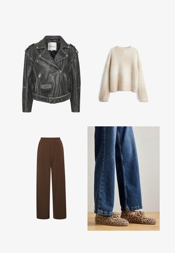 Zwarte leren motorjack met meerdere ritsen, een ceintuur in de taille, schouderepauletten en een satijnen voering.; Lichtbeige fuzzy sweater met een ronde halslijn, lange mouwen en een relaxte pasvorm. Zachte textuur met een gradient patroon.; Bruine pipelegbroek gemaakt van zachte stof, met een elastische tailleband en een gladde textuur, zonder opvallende patronen of accenten.; Luipaardprint loafers van suede, met een ronde neus, vetersluiting en platte, flexibele zolen, gecombineerd met blauwe jeans.