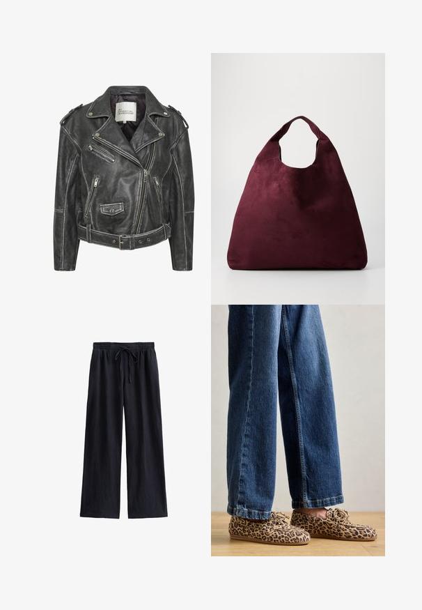 Zwarte leren motorjack met meerdere ritsen, een ceintuur in de taille, schouderepauletten en een satijnen voering.; Lichtbeige fuzzy sweater met een ronde halslijn, lange mouwen en een relaxte pasvorm. Zachte textuur met een gradient patroon.; Marineblauwe wijde broek gemaakt van een gestructureerde stof, met een elastische tailleband en een trekkoord voor een verstelbare pasvorm.; Luipaardprint loafers van suede, met een ronde neus, vetersluiting en platte, flexibele zolen, gecombineerd met blauwe jeans.; Grote diep bordeauxrode suède handtas met een enkele brede handgreep en een slungelige driehoekige vorm op een effen achtergrond.