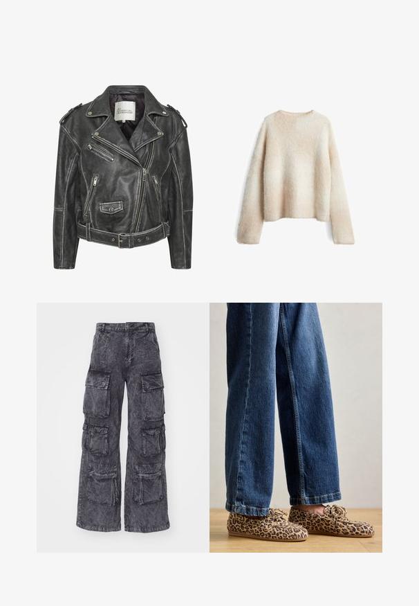 Black leather motorcycle jacket featuring multiple zippers, a belted waist, shoulder epaulettes, and a satin-lined interior.; Light beige fuzzy sweater with a round neckline, long sleeves, and a relaxed fit. Soft texture with a gradient pattern.; Alpha Industries MULTIPOCKET PANT - Cargo trousers - black; Leopard print loafers made of suede, featuring a rounded toe, lace-up design, and flat, flexible soles, paired with blue denim jeans.