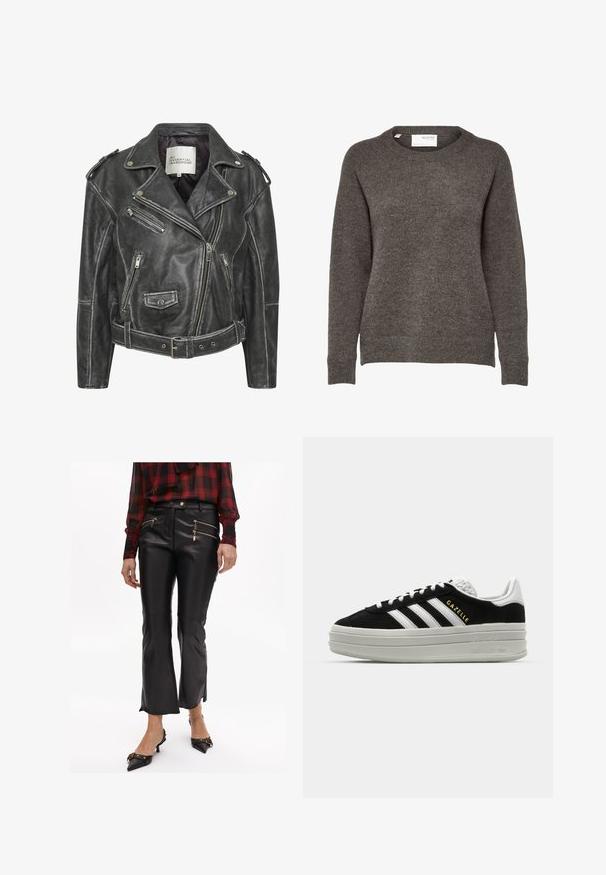 Černá kožená motorkářská bunda s několika zipy, opaskem v pase, epaulety na ramenou a saténovou podšívkou.; Šedý pletený svetr s kulatým výstřihem, dlouhými rukávy a jemnou strukturou. Žádné výrazné vzory ani kovové detaily nejsou viditelné.; Černé kalhoty s rozšířenými nohavicemi z umělé kůže mají přední kapsy na zip se zlatými zipy, hladký povrch a přiléhavý pas.; Černé semišové tenisky s bílými koženými akcenty, třemi bílými pruhy, plochými tkaničkami a silnou šedou platformou. Zlaté logo "Gazelle".