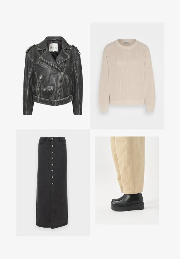 Giacca da motociclista in pelle nera con multiple zip, vita con cintura, spalline e interno foderato in satin.; Anna Field Maglione - grey; Gonna lunga in denim nero con chiusura a bottoni frontale, passanti per la cintura e tasche laterali. Texture liscia con silhouette dritta e leggera fessura.; Stivali neri in pelle fino alla caviglia con punta arrotondata e suola platform. Abbinati a pantaloni beige a gamba larga, con dettagli di cucitura visibili.