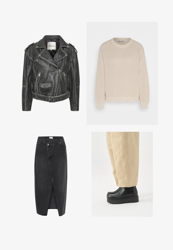 Musta nahkainen moottoripyörätakki, jossa on useita vetoketjuja, vyöllinen vyötärö, olkapäät ja satiinivuori.; Anna Field Neule - grey; Mustan farkkukankaan midi-hame, jossa on etureikä, jämäkkä istuvuus ja klassinen viisi-taskun muotoilu. Varustettu nappi- ja vetoketjukiinnityksellä.; Musta nahkasaappaat nilkkoihin, pyöreällä kärjellä ja paksupohjalla. Yhdistetty vaaleanruskeisiin leveälahkeisiin housuihin, joissa on näkyviä ompeluyksityiskohtia.