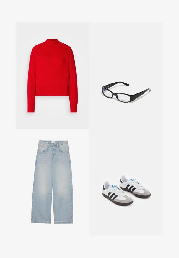 Giacca da motociclista in pelle nera con multiple zip, vita con cintura, spalline e interno foderato in satin.; Maglione rosso, corto, con collo alto, maniche lunghe e orlo a coste. Realizzato in materiale morbido e strutturato, presenta un colore uniforme senza motivi.; Jeans in denim azzurro chiaro a gamba larga con vita alta, cinque tasche e una leggera sfumatura; presentano cuciture a contrasto e una chiusura con bottone.; Scarpe sportive con tomaia in pelle bianca, punta in suede grigia e tre strisce nere. Presentano un logo blu sulla linguetta e una suola in gomma testurizzata.; Occhiali rettangolari neri con lenti trasparenti. Finitura lucida, bracci sottili e una sfumatura viola visibile ai bordi delle lenti.