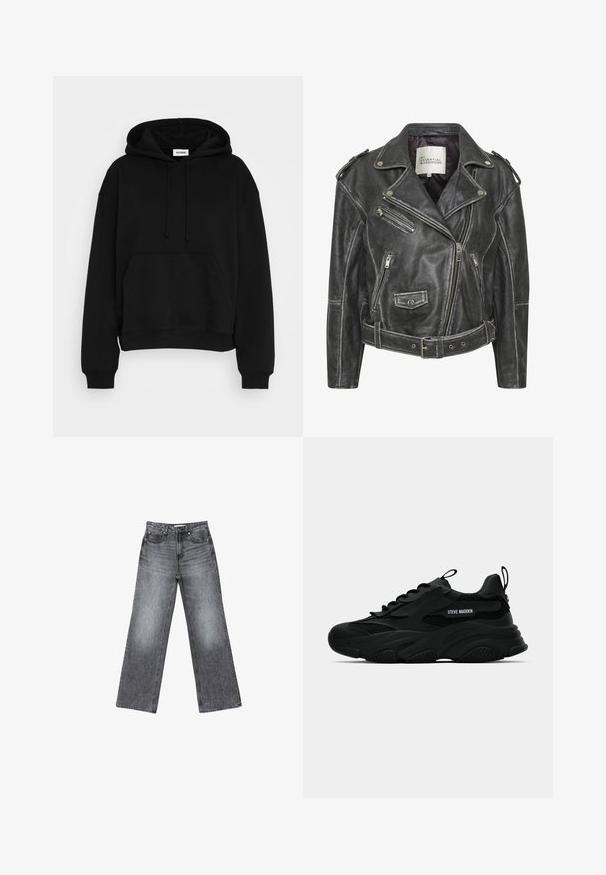 Schwarze Leder-Motorradjacke mit mehreren Reißverschlüssen, einem taillierten Gürtel, Schulterepauletten und einem satinierten Innenfutter.; Schwarzer Kapuzenpullover mit einer frontalen Kängurutasche, gerippten Bündchen und Saum. Aus weichem Material gefertigt, mit verstellbaren Kordeln.; Weißes Baumwolltanktop mit quadratischem Ausschnitt und schmalen Trägern. Verfügt über ein kleines, schwarz gesticktes CK-Logo auf der Vorderseite.; Weite, dunkelgraue Jeans aus Denim mit einem ausgeblichenen Finish, fünf Taschen, einem Knopfverschluss und dezenten Nähten entlang der Säume.; Schwarzer Steve Madden Chunky Sneaker mit Mesh-Einsätzen, dicker Sohle, Zuglaschen an Zunge und Ferse sowie seitlicher Logo-Beschriftung, seitlich dargestellt.