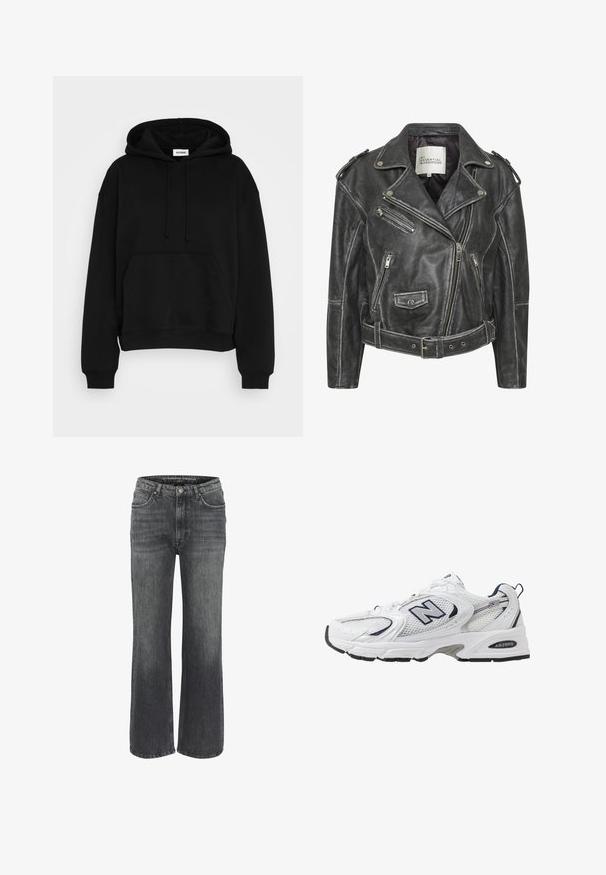 Schwarze Leder-Motorradjacke mit mehreren Reißverschlüssen, einem taillierten Gürtel, Schulterepauletten und einem satinierten Innenfutter.; Schwarzer Kapuzenpullover mit einer frontalen Kängurutasche, gerippten Bündchen und Saum. Aus weichem Material gefertigt, mit verstellbaren Kordeln.; Weite Jeans aus dunkelgrauem Denim mit klassischem Fünf-Taschen-Design, genähten Details und einem Knopfverschluss an der Taille.; Weißer Sportschuh mit Mesh-Obermaterial, navyblauen Akzenten und gepolsterter Sohle. Verfügt über das "N"-Logo, Schnürsenkel und eine strukturierte Detailverarbeitung an der Seite.