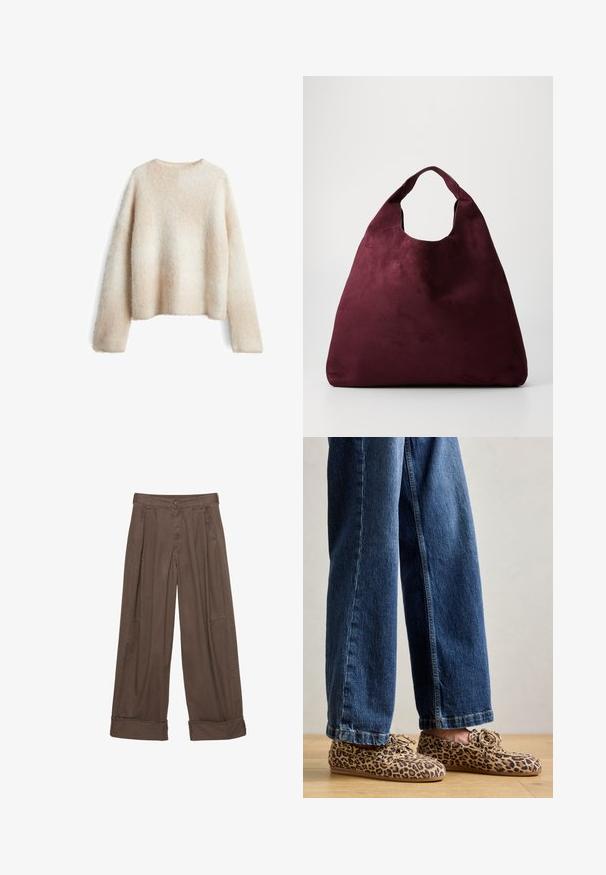 Black leather motorcycle jacket featuring multiple zippers, a belted waist, shoulder epaulettes, and a satin-lined interior.; Light beige fuzzy sweater with a round neckline, long sleeves, and a relaxed fit. Soft texture with a gradient pattern.; Brown wide-leg trousers made of cotton, featuring a button closure, pleated front, and rolled cuffs for a relaxed fit.; Leopard print loafers made of suede, featuring a rounded toe, lace-up design, and flat, flexible soles, paired with blue denim jeans.; Large deep burgundy suede handbag with a single wide handle and slouchy triangular shape on a plain background.