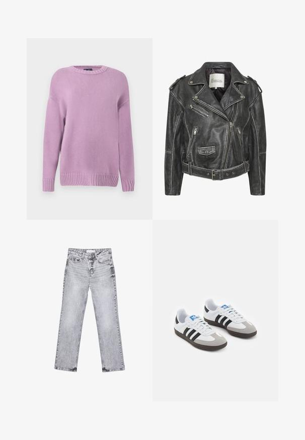Svart lädermotorcykeljacka med flera dragkedjor, midjebälte, axelepaulettes och ett satinfoder inuti.; Lila stickad tröja med rund halsringning, långa ärmar, ribbade mudd och nederkant, med en texturerad, mjuk yta.; Grå denimjeans med rak benpassform, slitna detaljer, fem fickor och kopparnitar. Midjan har en logotagg.; Sportskor med överdel i vit läder, grå mocka på tårna och tre svarta ränder. Har en blå logotyp på tungan och en texturerad gummisula.