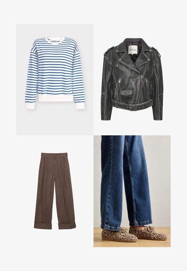 Zwarte leren motorjack met meerdere ritsen, een ceintuur in de taille, schouderepauletten en een satijnen voering.; Blauw-wit gestreepte trui met een ronde hals, geribbelde manchetten en zoom, gemaakt van een zachte katoenmix.; Bruine wijde broek van katoen, met een knoopsluiting, geplooide voorkant en opgerolde manchetten voor een relaxte pasvorm.; Luipaardprint loafers van suede, met een ronde neus, vetersluiting en platte, flexibele zolen, gecombineerd met blauwe jeans.