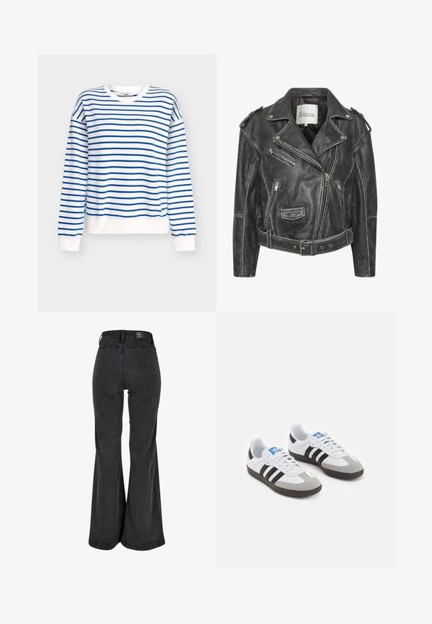Fekete bőr motorkerékpáros dzseki, több cipzárral, övvel ellátott derékkal, vállon lévő epaulette-kel és selyemmel bélelt béléssel.; Kék-fehér csíkos pulóver kerek nyakkivágással, bordázott mandzsettákkal és szegéllyel, puha pamut keverék anyagból készült.; Fekete, flared farmernadrág sima textúrával, magas derékkal és a hátán elhelyezett márkás folttal. Széles lábú kialakítású, megerősített varrással.; Fehér bőr felsőrészes sportcipő, szürke velúrból készült orral és három fekete csíkkal. Jellemzője a kék logó a nyelvén és egy texturált gumitalp.