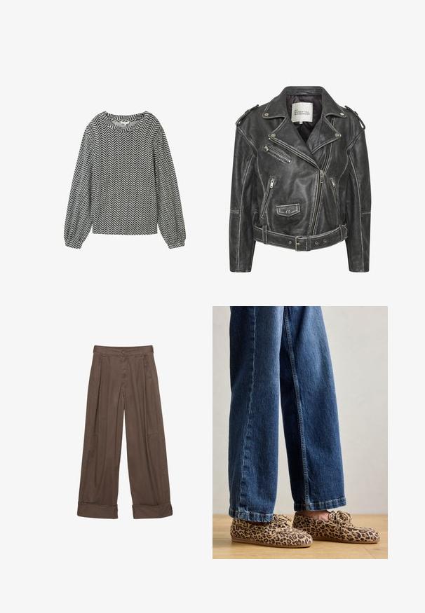 Giacca da motociclista in pelle nera con multiple zip, vita con cintura, spalline e interno foderato in satin.; Top a maniche lunghe in bianco e nero a spina di pesce, con scollatura arrotondata e maniche leggermente a sbuffo con polsini elasticizzati.; Pantaloni larghi marroni in cotone, con chiusura a bottone, motivo plissè frontale e orli arrotolati per una vestibilità rilassata.; Mocassini con stampa leopardata in suede, con punta rotonda, design con lacci e suole piatte e flessibili, abbinati a jeans di denim blu.