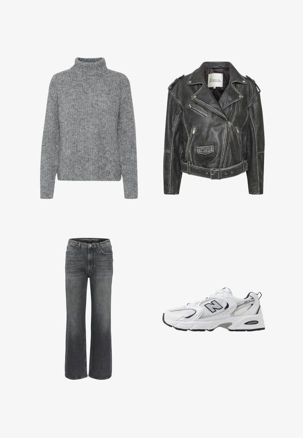 Crna kožna motociklistička jakna s više zatvarača, pojasom u struku, epauletama na ramenima i unutrašnjošću obloženom satenskim materijalom.; Sivi pleteni pulover s visokim ovratnikom, različitim teksturama i kutnim oblikom. Ima duge rukave i rub koji se nalazi u struku.; Crna asimetrična majica bez rukava s tankim trakama koja ima delikatnu čipkastu obrub oko dekoltea, dijagonalni šav i rub.; Široke traperice u tamno sivoj boji, s klasičnim pet džepnim dizajnom, prošivima i kopčanjem na dugme u struku.; Bijela atletska cipela s mrežastim gornjim dijelom, mornarskim akcentima i podstavljenim potplatom. Sadrži "N" logo, vezice i teksturirani detalj sa strane.