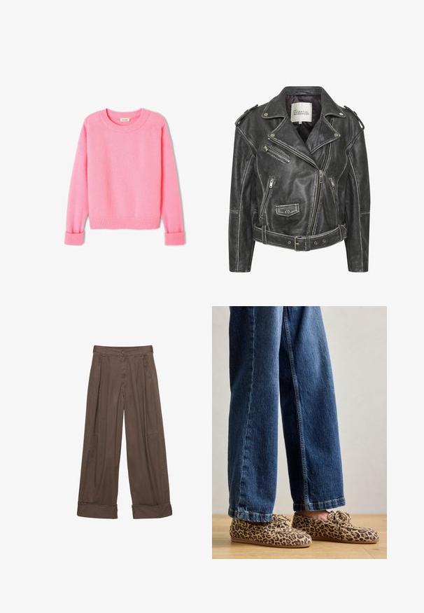 Črna usnjena motoristična jakna z več zadrgami, pasom, epoleti na ramenih in satensko obloženim notranjim delom.; Roza, mehka jopica z zaobljenim ovratnikom, rebrastimi manšetami in robom. Tekstura je videti puhasta, oblikovanje pa je preprosto in klasično.; Rjave široke hlače iz bombaža, ki imajo gumbasto zapiranje, nabran sprednji del in zavihke za sproščen fit.; Loafers z leopardjim vzorom iz semiša, z zaobljenim nosom, dizajnom vezalk in ravnimi, fleksibilnimi podplati, v kombinaciji z modrimi jeans hlačami.