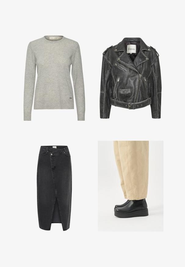 Schwarze Leder-Motorradjacke mit mehreren Reißverschlüssen, einem taillierten Gürtel, Schulterepauletten und einem satinierten Innenfutter.; Hellgrauer Pullover aus weichem Stoff, mit rundem Halsausschnitt, langen Ärmeln und einer subtilen Textur. Kleines Logo-Detail am Saum.; Schwarzer Denim-Midirock mit einem Schlitz vorne, strukturiertem Schnitt und klassischem Fünf-Taschen-Design. Verfügt über einen Knopf- und Reißverschluss.; Schwarze Lederstiefeletten mit abgerundetem Zehenbereich und Plateausohle. Kombiniert mit beigefarbenen weiten Hosen, die sichtbare Nahtdetails aufweisen.