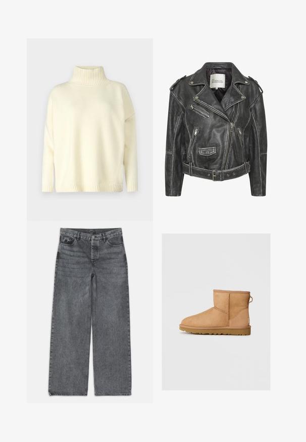 Musternahkade mootorrattajope, millel on mitmed tõmblukud, vöödiga talje, õlavarre epauletid ja satiinvooder.; WEEKEND MaxMara BORGIA - Džemper - latte; Laia püksid tumedas hallis denimis. Omavad kõrget vööd, viit taskut ning esist nööbist sulgemist. Sile pind kerge kulumisega.; Taani nahast ankle-saapad ümarate varvastega, tikandi detailide ja tagumise tõmbluku kohta, tekstuuriga kummist tallaga. Kujundatud mugavuseks ja soojuseks.