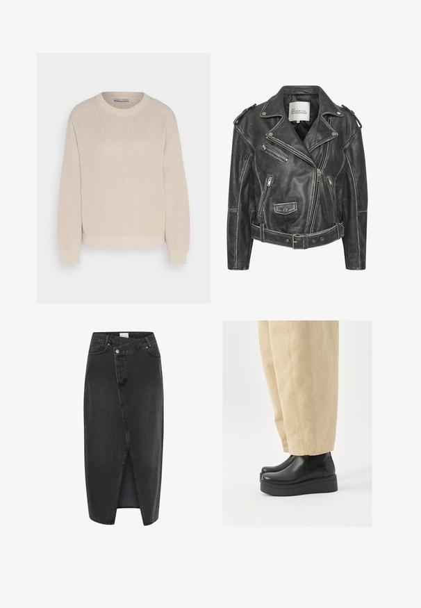 Czarna skórzana kurtka motocyklowa z wieloma zamkami błyskawicznymi, paskiem w talii, naramiennikami oraz satynową podszewką.; Anna Field - Sweter; Czarna spódnica midi z denimu z przednim rozcięciem, o strukturalnym kroju i klasycznym pięciopocketowym designie. Posiada zapięcie na guzik i zamek błyskawiczny.; Czarne skórzane botki za kostkę z zaokrąglonym noskiem i platformą. Połączone z beżowymi spodniami o szerokich nogawkach, z widocznymi szczegółami szycia.